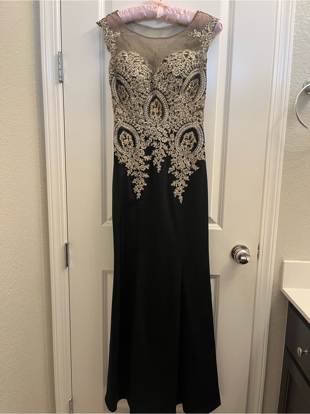 Cinderella Black Evening Gown with Gold Beaded Beautifully Embellished Bodice